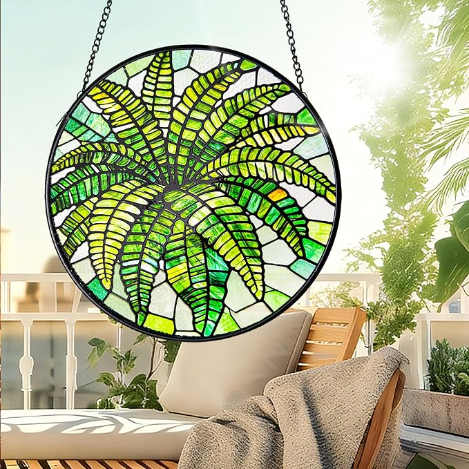 Plant Suncatcher Glass, Stained Glass Suncatcher Plant Window Hanging, Unique Nature Lover Gifts Leaf (Green Fern)