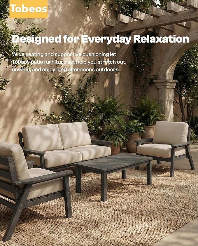 7 Piece HDPE Outdoor Furniture Set with Beige Cushions (Gray Frame) | All-Weather HDPE, Modular Design, Extra-Deep Seating, Thick Cushions, Ideal for Backyard, Deck & Porch
