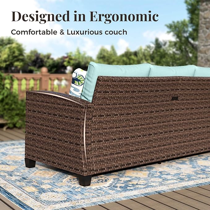 MIXPATIO Patio Furniture Set, 6 Pcs Wicker Outdoor Conversation Set, 2 x Swivel Chairs, 1 x 3 Seater Sofa, 1 x 2-Seat Lover Sofa and 2 x Ottomans with 4" Thick Cushion for Garden Backyard Deck, Blue