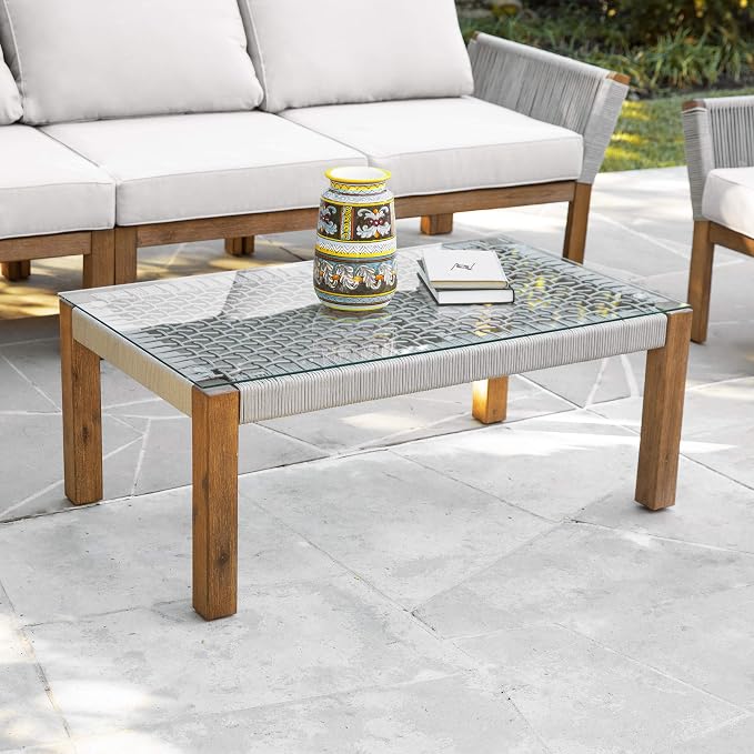 SEI Outdoor Patio Furniture - Brendina Outdoor Glass Top Cocktail Table - Transitional Design Natural Solid Wood - Ideal for Patio, Backyard (OD1089300)