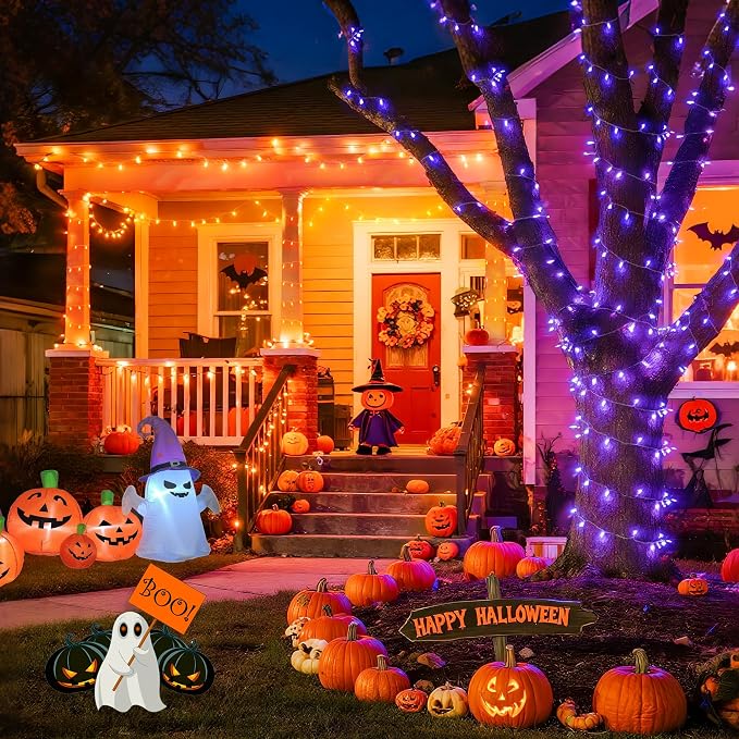 JMEXSUSS 168ft 600 LED Halloween Decor Lights Outdoor Clear Wire | Orange Purple String Lights Indoor Plug in, Halloween Lights for Tree Porch Garden Patio Car Party Yard Decorations, Remote