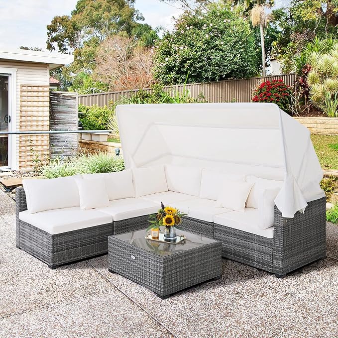 HAPPYGRILL 6-Piece Rattan Wicker Furniture Set with Canopy, Patio Conversation Set with Tempered Glass Coffee Table, Outdoor Sectional Sofa Set for Backyard Poolside