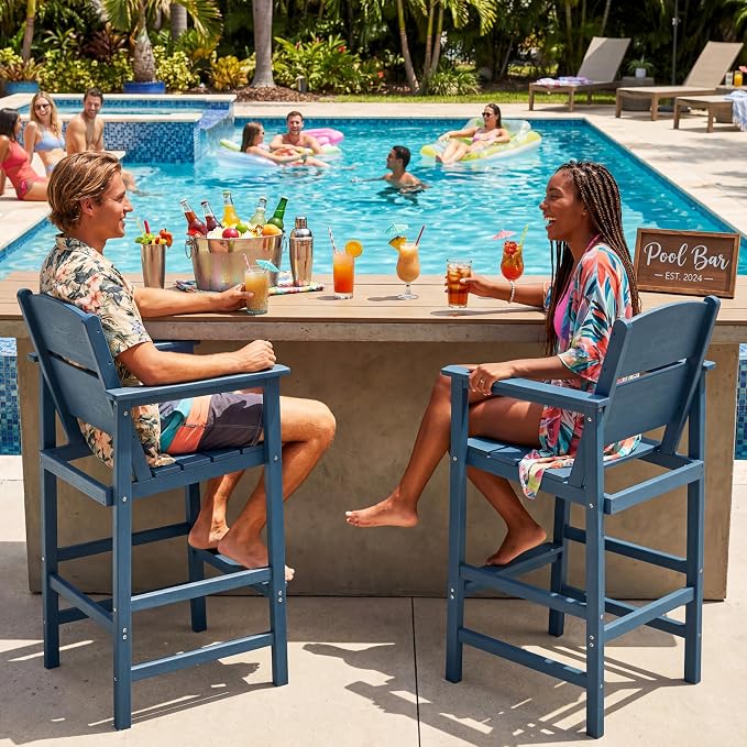 4 Pack Outdoor Bar Stools, HDPE Patio Bar Chairs with Armrests & Footrest, Weather Resistant All-Weather Counter Height Chairs for Outdoor Deck, Backyard, Poolside,Blue