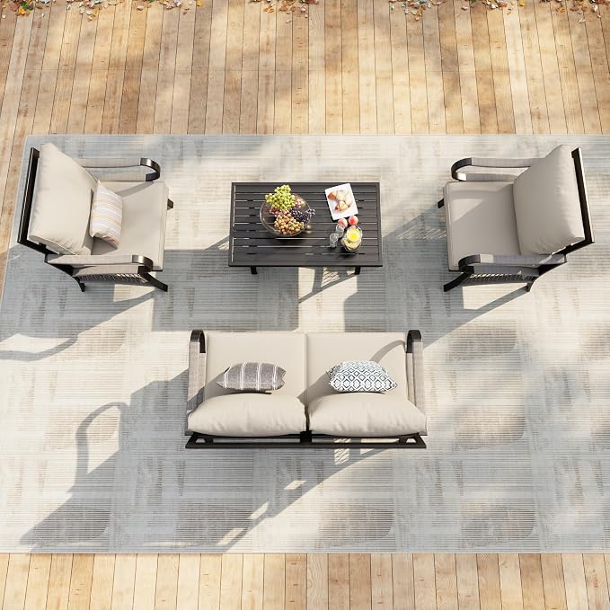 4 Pieces Patio Conversation Sets, Outdoor Furniture with Metal Waterproof 2 Single Chairs with 5" Extra Thick Cushion 1 Loveseat Sofa with Coffee Table, Beige