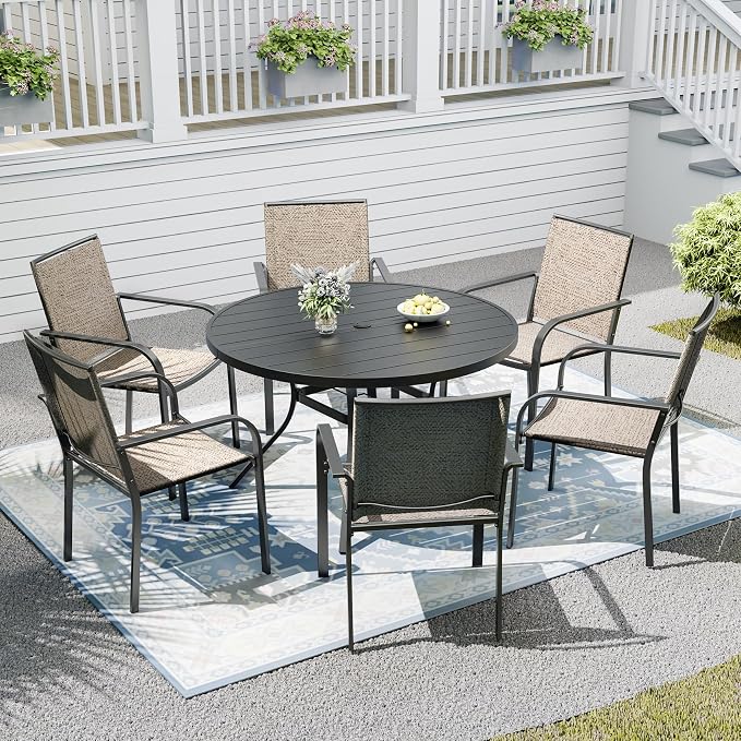 Outdoor Dining Table with 6-Piece Stackable Chairs,48" Round Patio Table with Adjustable Umbrella Hole,Stable Patio Dining Set for Home or Outside