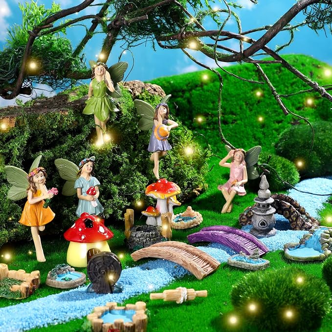 Unittype 19 Pcs Fairy Garden Accessories Outdoor Miniature Flower Fairy Figurines Bridge Mushroom Lighthouse Water Well Pond Garden Decorations