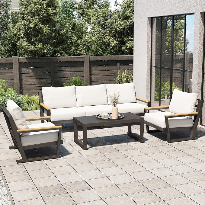 Aug-guan Aluminum Outdoor Sofa,5 Seats Modern Patio Furniture Set,Sectional Sofa Conversation Set with Coffee Table, Upgraded Washable Cushions for Garden Backyard,Grey