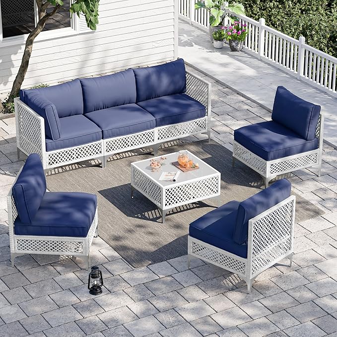 Vikiullf Patio Conversation Set, 7 Piece Outdoor Sectional Sofa Set with Coffee Table, White Wicker with Blue Cushions (White and Blue, 7 piece)