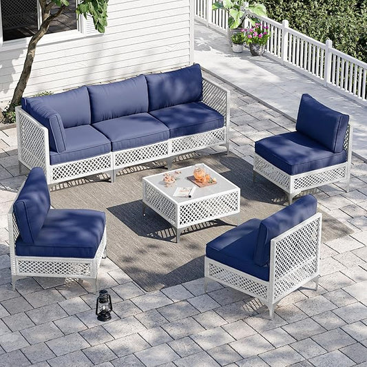 Vikiullf Patio Conversation Set, 7 Piece Outdoor Sectional Sofa Set with Coffee Table, White Wicker with Blue Cushions (White and Blue, 7 piece)