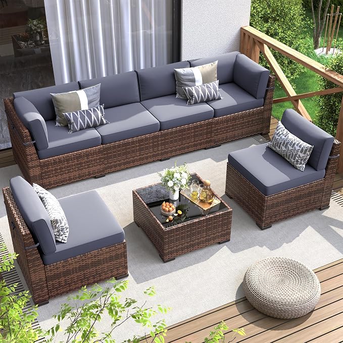 Patio Furniture Set, 7 Pieces Outdoor Modular Conversation Set Wicker Sectional Sofa for All Weather Rattan Patio Couch for Porch Garden Backyard Balcony Poolside (Grey)