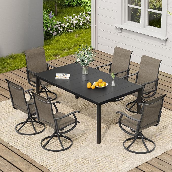 VICLLAX 7 Pieces Patio Dining Set, Patio Furniture Set of 6 Patio Swivel Dining Chairs and Rectangular Patio Table, Mixed Brown Chairs & Black Tabletop