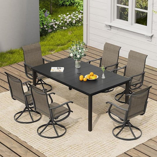 VICLLAX 7 Pieces Patio Dining Set, Patio Furniture Set of 6 Patio Swivel Dining Chairs and Rectangular Patio Table, Mixed Brown Chairs & Black Tabletop
