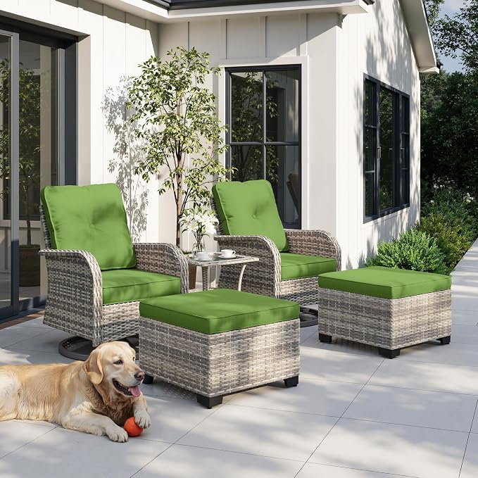 5-Piece Small Patio Furniture Set, Outdoor Swivel Rocking Chairs Set with Ottomans, Patio Bistro Set for Balcony, Deck, Porch, Grass Green