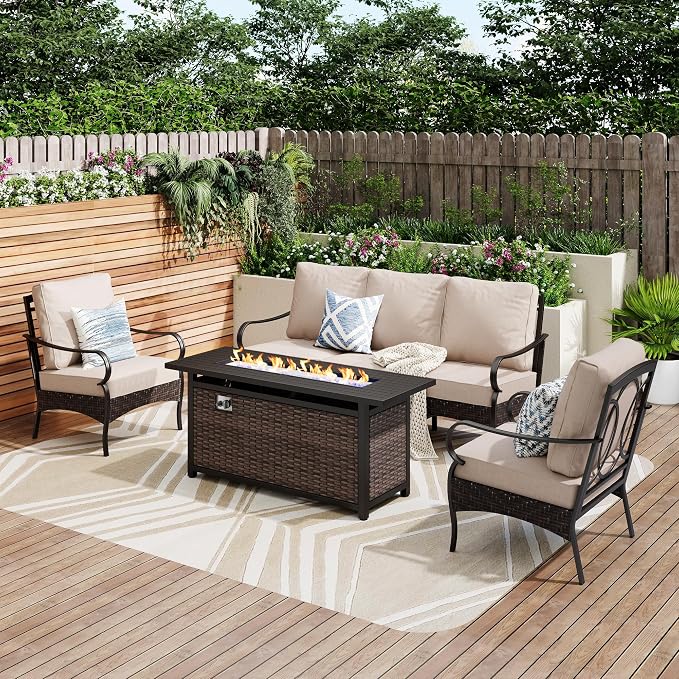 Patio Furniture Set with 56" Fire Pit Table, Premium Outdoor Wicker Metal Frame Furniture with Upgraded Waterproof Thick Cushions for Porch, Poolside, Deck, and Yard （4 Pieces,Beige）