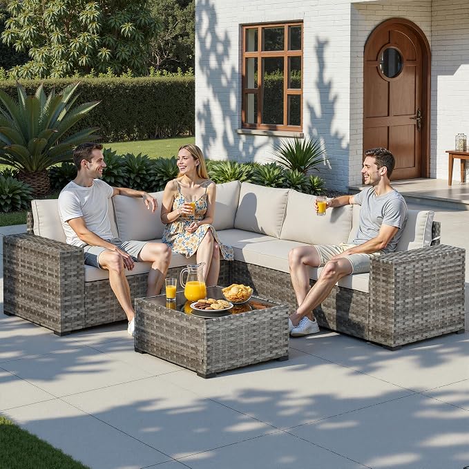 6 Pieces Patio Furniture Set, Outdoor Wicker Sectional Sofa with 7.7" Extra Wide Armrests, Modern Rattan Modular Conversation Set with Thickened Deep Seat Cushions & Coffee Table for Backyard, Beige