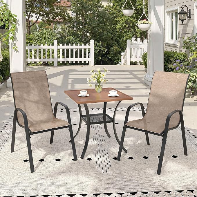 3 Pieces Outdoor Dining Set, 27.5" Square Table & Stackable Patio Dining Chairs, Patio Table and Chairs Set for Deck Garden Porch, Brown Chairs & Walnut Table