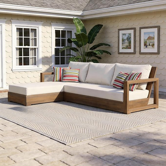 Christopher Knight Home L-Shaped Outdoor Patio Sectional Sofa Set, 3-Seater Acacia Wood Floor Seating Patio Couch with Cushions, Modular Outdoor Patio Furniture for Backyard Porch Deck, Beige+Brown