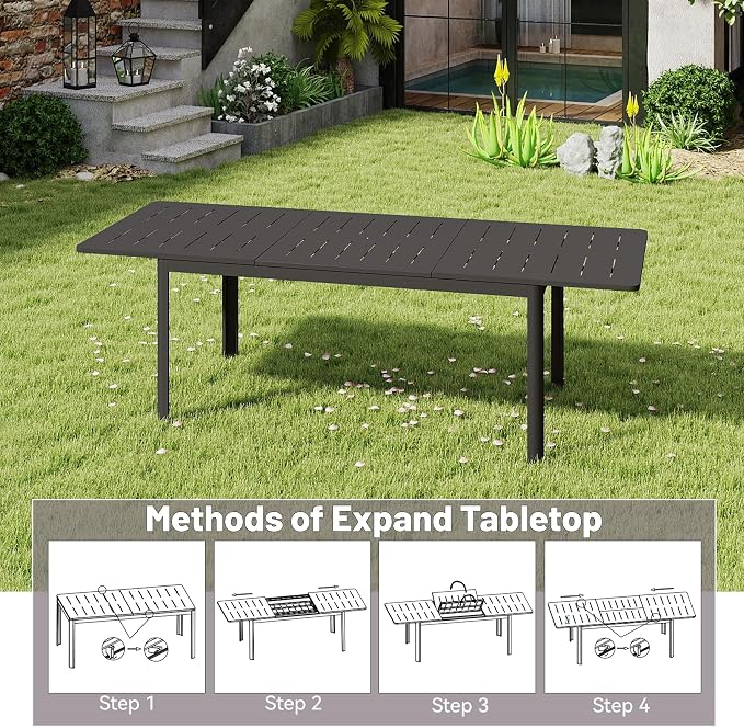 All Aluminum Expandable Patio Dining Table for 6-8 People, Extendable Outdoor Dining Room Table, All Weather Patio Furniture, Rectangular Metal Table with Adjustable Width 65"- 95", Dark Brown