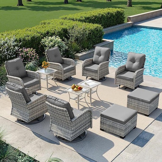 11-Piece Small Patio Furniture Set, Outdoor Swivel Rocking Chairs Set with Ottomans, Patio Bistro Set for Balcony, Deck, Porch, Grey