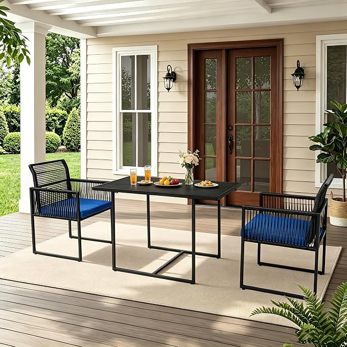 3PC Wicker Patio Dining Bistro Set for 2, All Weather Outdoor Use | Foldable Backrest, Cozy Cushions & Glass Tabletop, Space-Saving, Small Patio Set for Backyard, Balcony, Poolside, Black