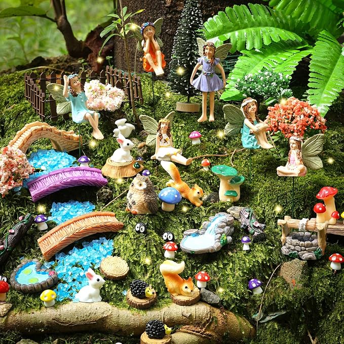 100 Pcs Fairy Garden Accessories Miniatures Figures Kit | Micro Landscape Terrarium Ornaments Resin Mushroom Animal Fake Pond Lawn Bridge Garden Decoration