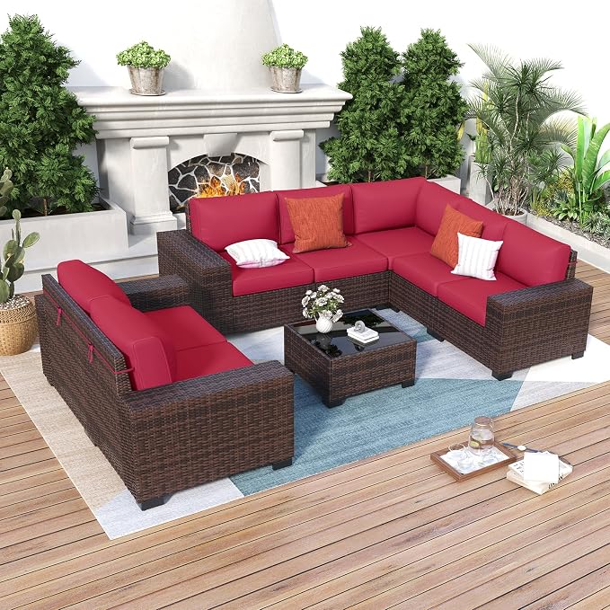 Outdoor Patio Furniture Set, 8‘’ Wide armrest Outdoor Sectional Rattan Sofa Set, Wicker Patio Furniture Sets w/Coffee Table,Thick Cushions for and Cover for Porch,Deck,8 PCS (Brown&Wine)