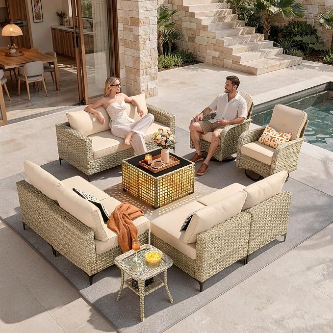 10 Pieces Patio Furniture Set, Outdoor Conversation Set with 360° Swivel Rocker Chairs, Wicker Modular Sectional Sofa & Solar Coffee Table, High Back Outdoor Furniture L Shaped Couch for Porch, Beige