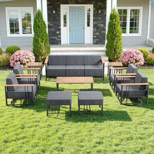 Luxury Outdoor Furniture Set with Swivel Chairs, 10 PCS Patio Furniture Set with 6" Extra Thick Cushions, Suitable for Porch, Balcony, Deck, Patio, Yard, Poolside, Black/Grey
