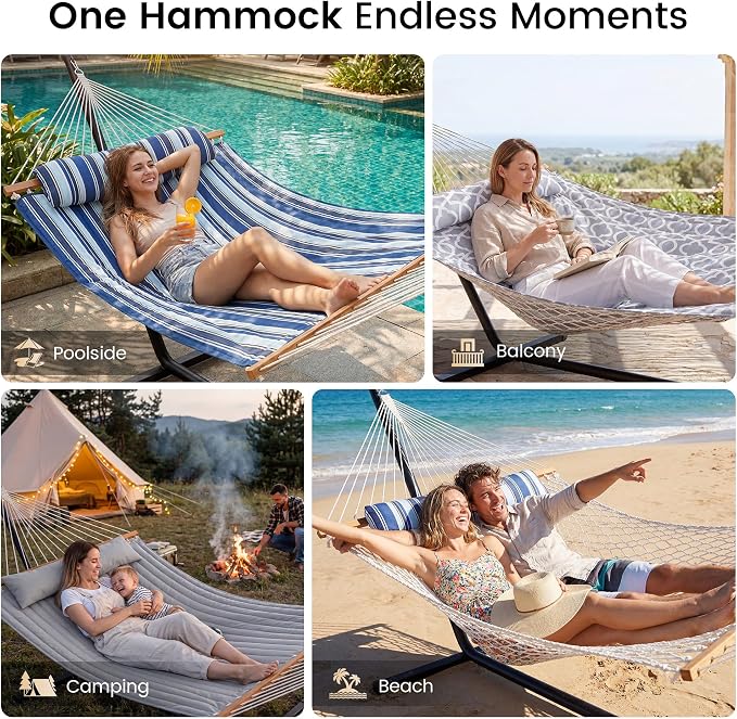Everyfun 2 Person Hammock with Stand, Heavy Duty Double Cotton Rope Hammock with Removable Quilted Pad & Pillow, 500 LBS Adjustable Steel Frame, Tool-Free, Carry Bag for Outside Patio Yard, Urban-Gray