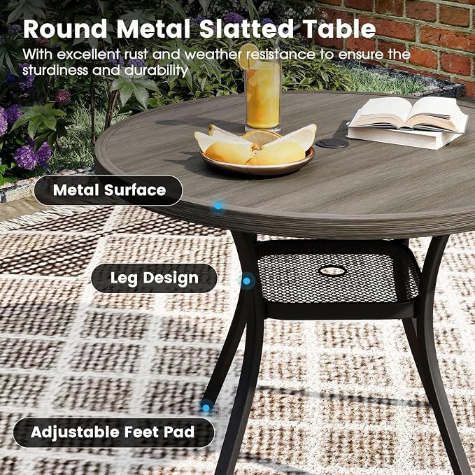 DIFY Patio Round Dining Table, 42" All Weather Round Outdoor Table with 1.57" Umbrella Hole for 4 Person, Perfect for Balcony Garden and Backyard, Grey Wood-Like