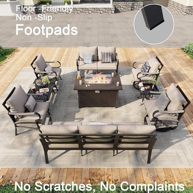 9 Pieces Patio Furniture Set, Metal Outdoor Conversation Sets with Fire Pit Table and Swivel Chairs for Backyard Garden Deck Porch Poolside (Thick Beige Cushions)