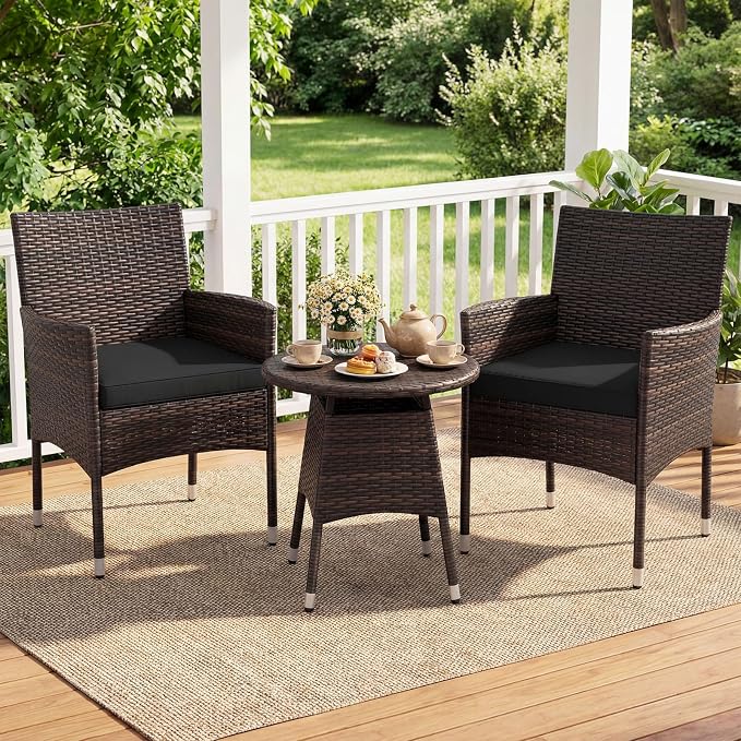 Tangkula 3 Piece Patio Furniture Set, Hand-Woven PE Wicker Conversation Set with Contoured Armchairs, Cushions & Round Coffee Table, Outside Bistro Set for Porch, Backyard, Balcony & Poolside (Black)