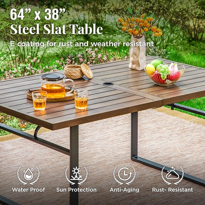 MIXPATIO Outdoor Patio Dining Table for 6, Teak Rectangle Patio Table with Umbrella Hole, All Weather Wrought Iron Black Outdoor Table for Garden Backyard Lawn Yard