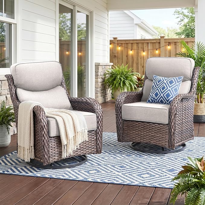 Luxury High Back Outdoor Swivel Rocker Patio Chairs with Side Table & 6-Inch Thick Cushions, 2 Pieces Patio Furniture Set for Porch, Balcony, Deck and Yard