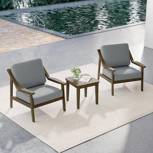 Outdoor Patio Furniture Set, 3 Piece Patio Conversation Sets with Washable Thick Cushions, All-Weather Solid Wood Patio Bistro Set for Porch, Balcony, Natural Frame & Gray Cushion