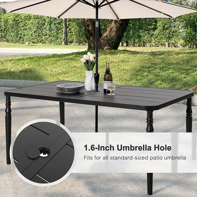 NUU GARDEN 7-Piece Patio Dining Table Set, Outdoor Metal Dining Furniture Set with Umbrella Hole Rectangular Table and 6 Textilene Chairs, Black