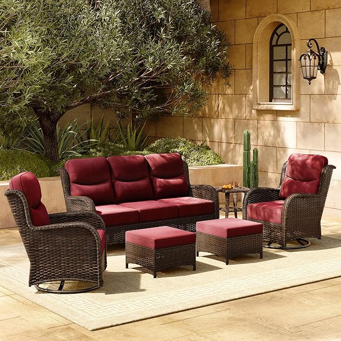 HILLGA 6-Piece Luxury Patio Furniture Set with 6" Thick Cushions, Weather-Resistant Wicker High Back Swivel Rocker Chairs, Senior-Friendly Outdoor Sofa Set for Large Deck and Poolside, Burgundy(V2)