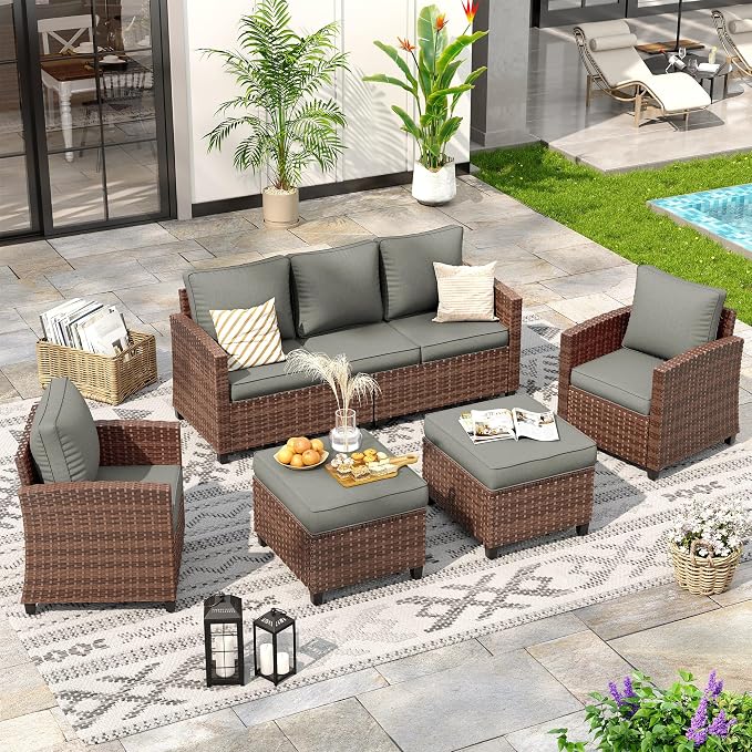 Outdoor Furniture Set, 5 Pcs Wicker Patio Couch with Chairs, Ottomans and Thick Cushions, All Weather Wicker Rattan Patio Conversation Set,Dark Grey