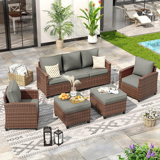 Outdoor Furniture Set, 5 Pcs Wicker Patio Couch with Chairs, Ottomans and Thick Cushions, All Weather Wicker Rattan Patio Conversation Set,Dark Grey