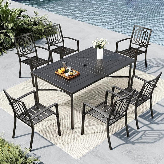 MFSTUDIO Outdoor Dining Set for 6, Metal Patio Table and Chairs Set with Umbrella Hole, 7 Piece Outdoor Patio Furniture Set for Deck Backyard Poolside Garden