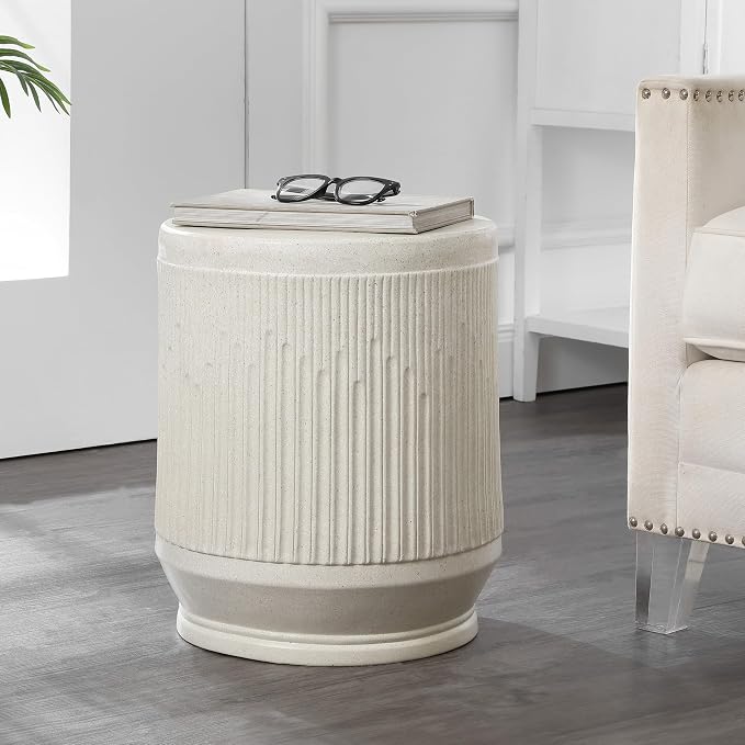 JONATHAN Y Kline Ribbed Resin Modern Outdoor Accent Table, 17.5" H All-Weather Cream Terrazzo Patio Drum Side Table and Garden Stool for Pool, Porch, and Living Room TBL1103A
