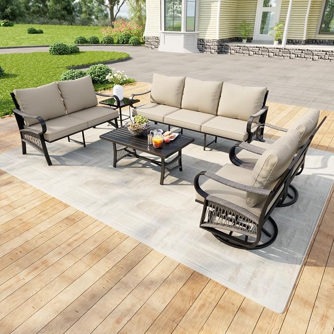6 Pieces Outdoor Patio Conversation Sets, Outdoor Furniture Set Metal Swivel Rocking Chairs with Side Table, Loveseat Sofa with Coffee Table, 3-Seater Couch for Backyard Deck Porch Poolside, Beige