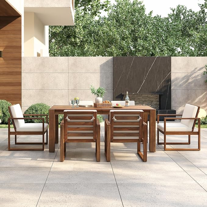RUNNA Patio Table and Chairs Set,Outdoor Dining Set for 6 with Umbrella Hole,7 Piece Outdoor Patio Furniture Set Wood Frame with Removable Cushion for Garden,Backyard,Lawn,Poolside (Beige+Mocha#019)