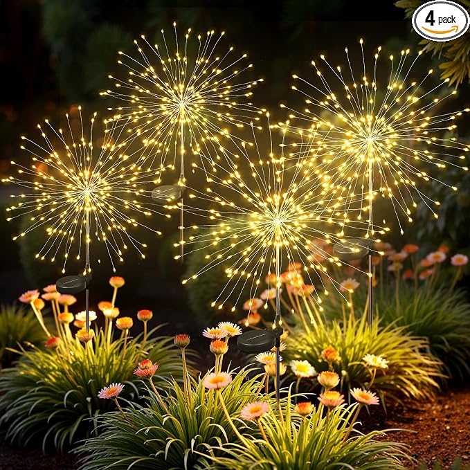 4Pack Solar Lights Outdoor, 120LED Firework Lights | Fireworks Lights Solar Powered, Waterproof Fairy Garden Lights Decor Outside for Yard Pathway Lawn Patio(Warm White)