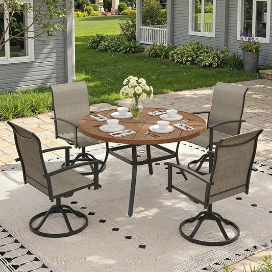 5 Pieces Round Outdoor Table and Chairs Set, Patio Dining Set with 40.6" Round Spliced Outdoor Table and Patio Swivel Chairs for Backyard Lawn Garden, Walnut Table and Mixed Brown Chairs