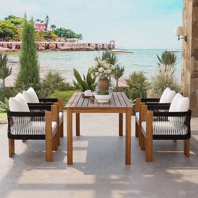 Merax Luxury 5-Piece Outdoor Patio Dining Set for 4, Solid Acacia Wood Dinning Set with Rope Woven Chairs,Farmhouse Dining Furniture Set for Garden, Backyard, Poolside, Brown+Black