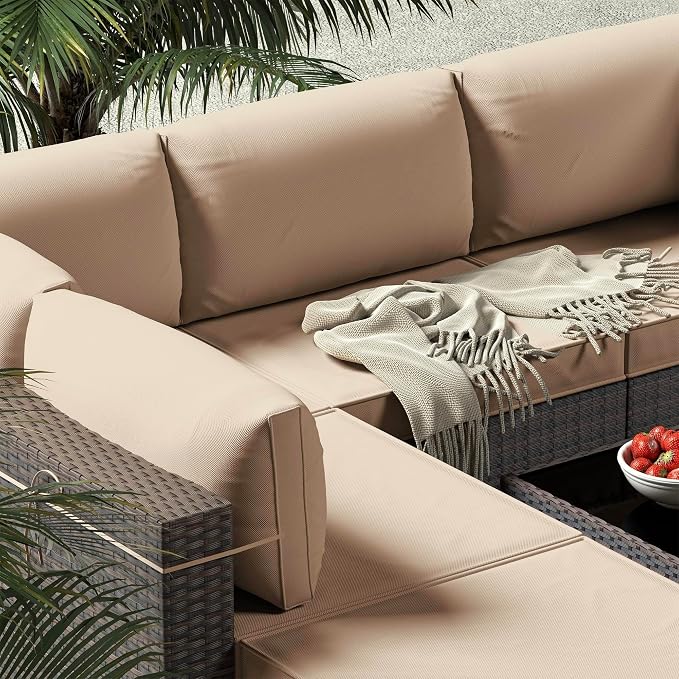 Gotland 9 Pieces Patio Furniture Set with 29.5'' High Backrest, All Weather PE Wicker Outdoor Furniture with 4’’ Thickened Cushions Coffee Table, Patio Set for Deck, Garden, Backyard, Khaki