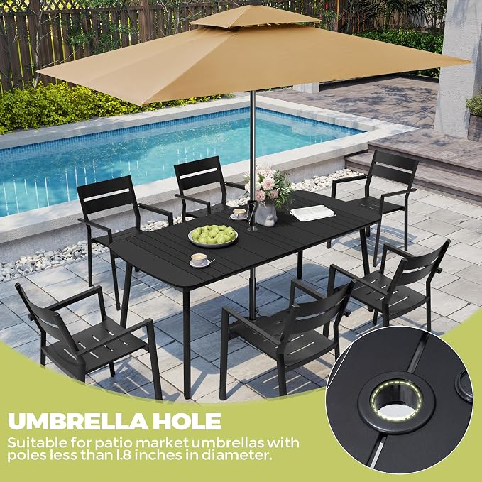 Crestlive Products Outdoor Dining Table for 6, 70In Aluminum Patio Table with Umbrella Hole Weather Resistant Rectangle OutsideTables for Garden Lawn, Black
