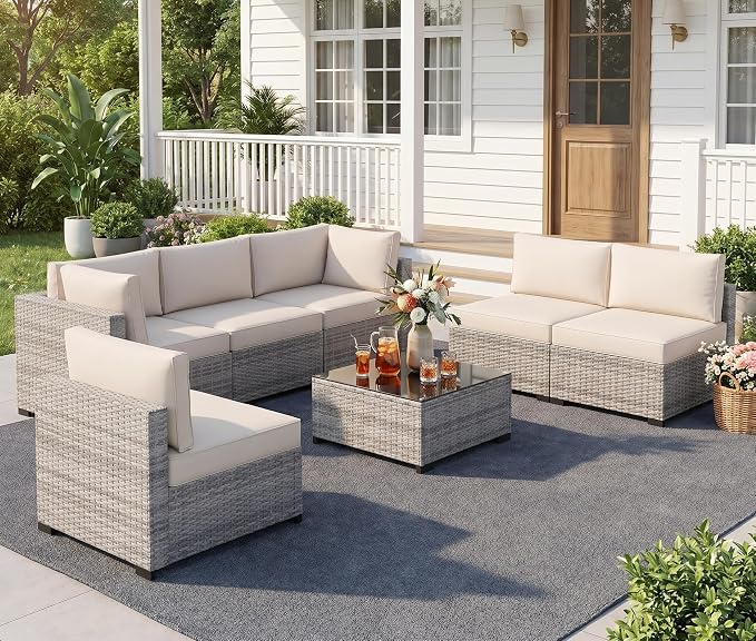 LOUVIXA 7 Piece Outdoor Patio Furniture Set, Outdoor Sectional Sofa, Wicker Rattan Patio Furniture, Patio Conversation Set with Coffee Table & Cushions