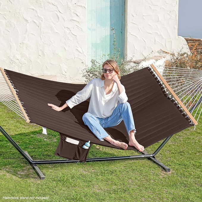 GAFETE Hammock 2 Person Quilted Fabric Hammocks for Outside, Double 12ft Hammocks with Spreader Bar, Large Removable Pillow, Storage Bag, Carabiners, Max 475 lbs Capacity (Coffee)